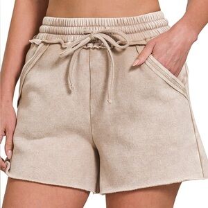 Acid Wash Fleece Drawstring Shorts with Pockets in Ash Mocha